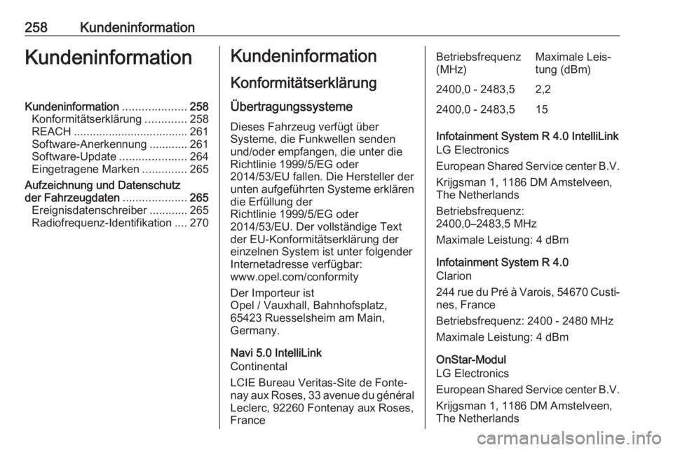 OPEL CROSSLAND X 2018.5  Betriebsanleitung (in German) 258KundeninformationKundeninformationKundeninformation....................258
Konformitätserklärung .............258
REACH .................................... 261
Software-Anerkennung ............2