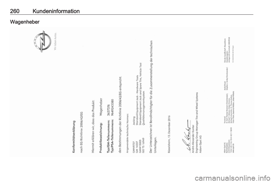 OPEL CROSSLAND X 2018.5 Betriebsanleitung (in German) 260KundeninformationWagenheber OPEL CROSSLAND X 2018.5 Betriebsanleitung (in German) 260KundeninformationWagenheber