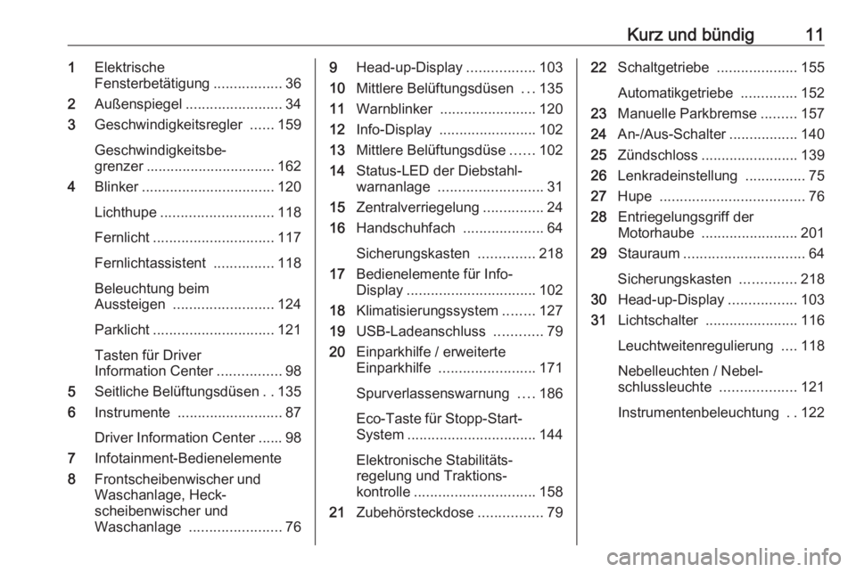 OPEL CROSSLAND X 2019  Betriebsanleitung (in German) Kurz und bündig111Elektrische
Fensterbetätigung .................36
2 Außenspiegel ........................ 34
3 Geschwindigkeitsregler  ......159
Geschwindigkeitsbe‐
grenzer ....................