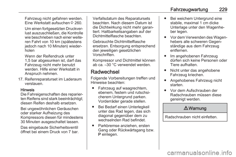 OPEL CROSSLAND X 2019  Betriebsanleitung (in German) Fahrzeugwartung229Fahrzeug nicht gefahren werden.
Eine Werkstatt aufsuchen  3 260.
Um einen fortgesetzten Druckver‐
lust auszuschließen, die Kontrolle wie beschrieben nach einer weite‐ ren Fahrt 