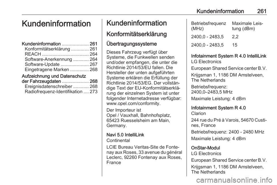 OPEL CROSSLAND X 2019 Betriebsanleitung (in German) Kundeninformation261KundeninformationKundeninformation....................261
Konformitätserklärung .............261
REACH .................................... 264
Software-Anerkennung ............2 OPEL CROSSLAND X 2019 Betriebsanleitung (in German) Kundeninformation261KundeninformationKundeninformation....................261
Konformitätserklärung .............261
REACH .................................... 264
Software-Anerkennung ............2