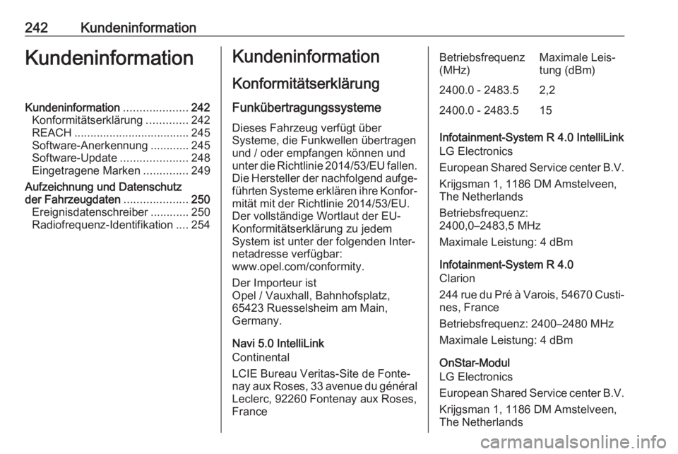 OPEL CROSSLAND X 2019.75 Betriebsanleitung (in German) 242KundeninformationKundeninformationKundeninformation....................242
Konformitätserklärung .............242
REACH .................................... 245
Software-Anerkennung ............2 OPEL CROSSLAND X 2019.75 Betriebsanleitung (in German) 242KundeninformationKundeninformationKundeninformation....................242
Konformitätserklärung .............242
REACH .................................... 245
Software-Anerkennung ............2