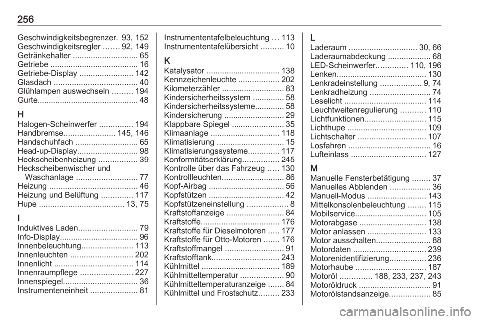 OPEL CROSSLAND X 2020  Betriebsanleitung (in German) 256Geschwindigkeitsbegrenzer. 93, 152
Geschwindigkeitsregler  .......92, 149
Getränkehalter  ............................. 65
Getriebe  ....................................... 16
Getriebe-Display  ..