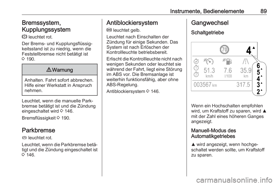 OPEL CROSSLAND X 2020  Betriebsanleitung (in German) Instrumente, Bedienelemente89Bremssystem,Kupplungssystem
R  leuchtet rot.
Der Brems- und Kupplungsflüssig‐
keitsstand ist zu niedrig, wenn die
Feststellbremse nicht betätigt ist
3  190.9 Warnung
A