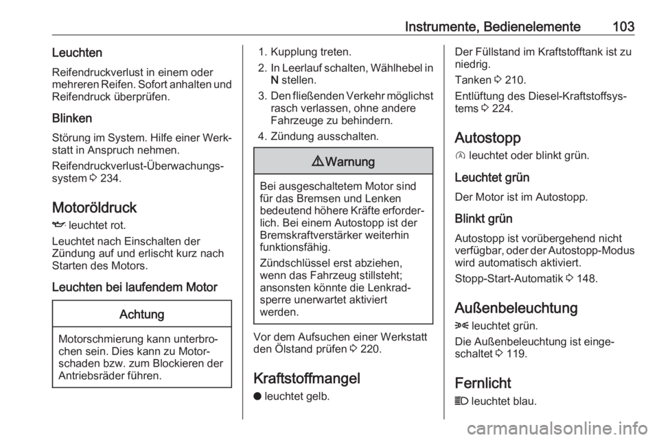 OPEL GRANDLAND X 2018  Betriebsanleitung (in German) Instrumente, Bedienelemente103LeuchtenReifendruckverlust in einem oder
mehreren Reifen. Sofort anhalten und Reifendruck überprüfen.
BlinkenStörung im System. Hilfe einer Werk‐
statt in Anspruch n