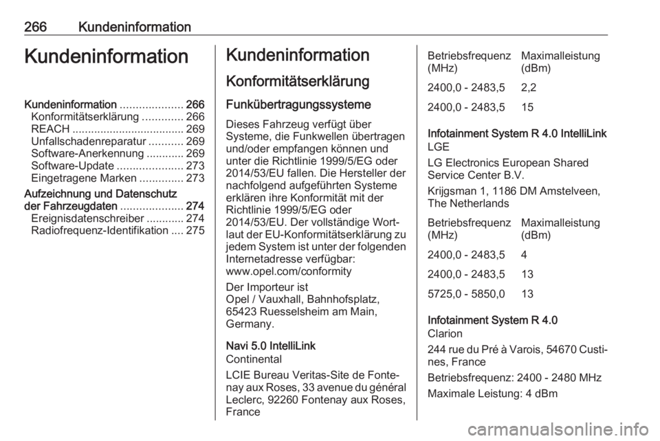 OPEL GRANDLAND X 2018 Betriebsanleitung (in German) 266KundeninformationKundeninformationKundeninformation....................266
Konformitätserklärung .............266
REACH .................................... 269
Unfallschadenreparatur ........... OPEL GRANDLAND X 2018 Betriebsanleitung (in German) 266KundeninformationKundeninformationKundeninformation....................266
Konformitätserklärung .............266
REACH .................................... 269
Unfallschadenreparatur ...........