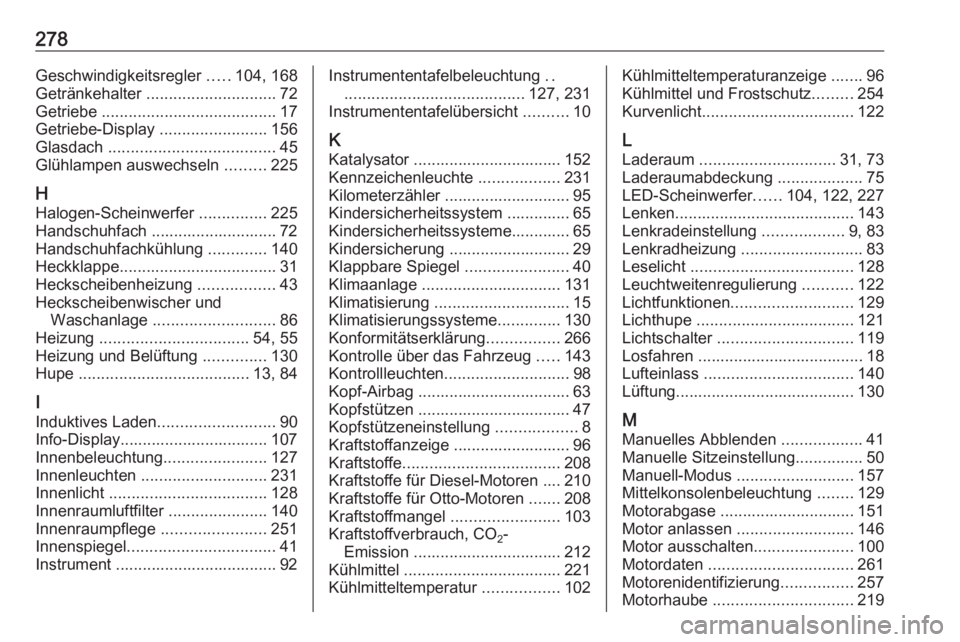 OPEL GRANDLAND X 2018  Betriebsanleitung (in German) 278Geschwindigkeitsregler .....104, 168
Getränkehalter  ............................. 72
Getriebe  ....................................... 17
Getriebe-Display  ........................156
Glasdach  .