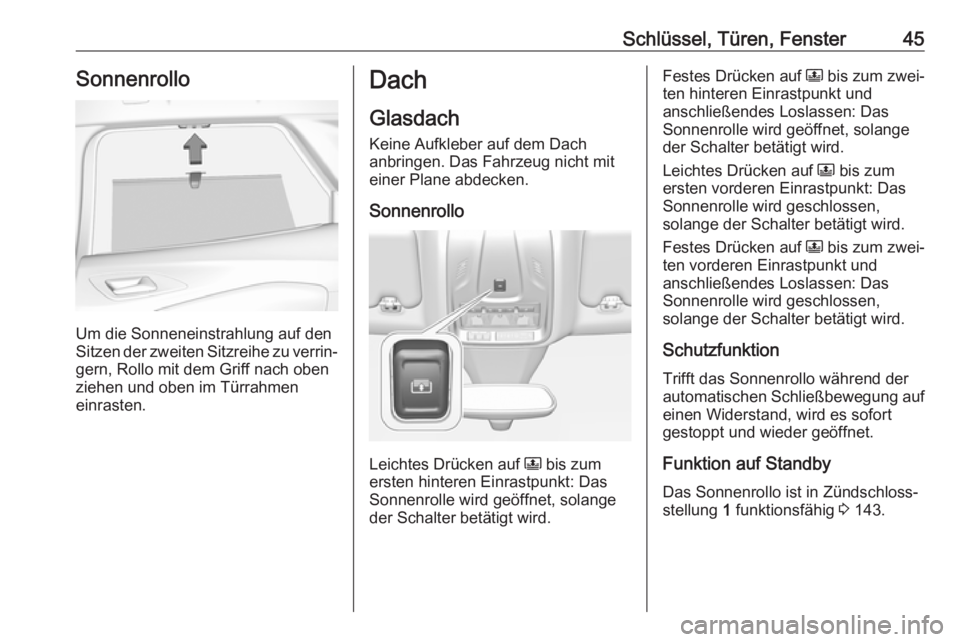 OPEL GRANDLAND X 2018  Betriebsanleitung (in German) Schlüssel, Türen, Fenster45Sonnenrollo
Um die Sonneneinstrahlung auf den
Sitzen der zweiten Sitzreihe zu verrin‐ gern, Rollo mit dem Griff nach oben
ziehen und oben im Türrahmen
einrasten.
Dach
G