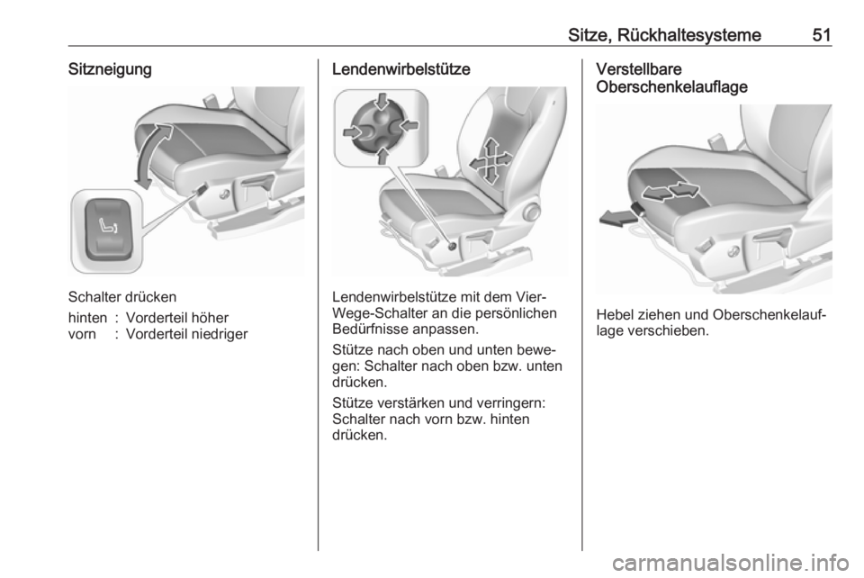 OPEL GRANDLAND X 2018  Betriebsanleitung (in German) Sitze, Rückhaltesysteme51Sitzneigung
Schalter drücken
hinten:Vorderteil höhervorn:Vorderteil niedrigerLendenwirbelstütze
Lendenwirbelstütze mit dem Vier-
Wege-Schalter an die persönlichen
Bedür