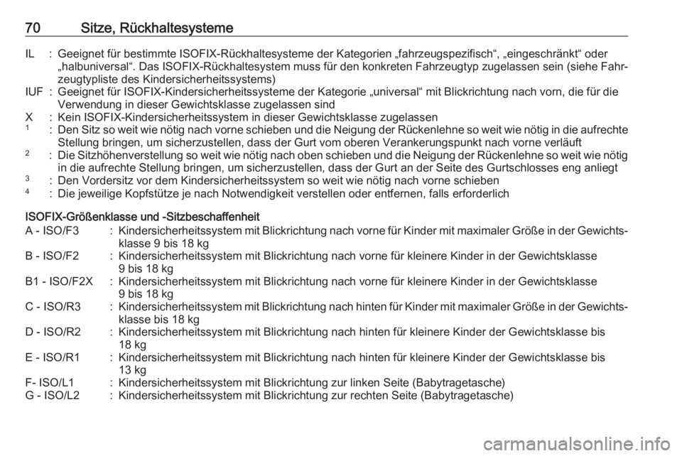 OPEL GRANDLAND X 2018  Betriebsanleitung (in German) 70Sitze, RückhaltesystemeIL:Geeignet für bestimmte ISOFIX-Rückhaltesysteme der Kategorien „fahrzeugspezifisch“, „eingeschränkt“ oder
„halbuniversal“. Das ISOFIX-Rückhaltesystem muss f
