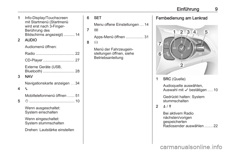 OPEL GRANDLAND X 2018.5  Infotainment-Handbuch (in German) Einführung91Info-Display/Touchscreen
mit Startmenü (Startmenü
wird erst nach 3-Finger-
Berührung des
Bildschirms angezeigt) ..........14
2 AUDIO
Audiomenü öffnen:
Radio .........................