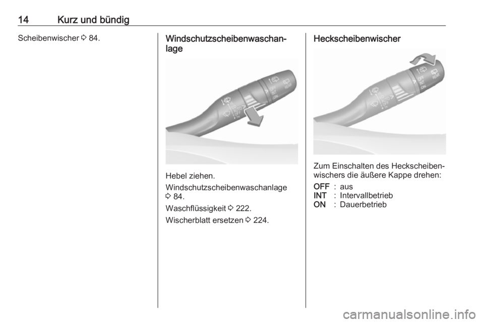 OPEL GRANDLAND X 2018.5  Betriebsanleitung (in German) 14Kurz und bündigScheibenwischer 3 84.Windschutzscheibenwaschan‐
lage
Hebel ziehen.
Windschutzscheibenwaschanlage
3  84.
Waschflüssigkeit  3 222.
Wischerblatt ersetzen  3 224.
Heckscheibenwischer
