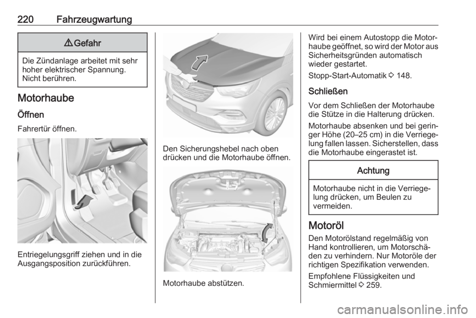 OPEL GRANDLAND X 2018.5  Betriebsanleitung (in German) 220Fahrzeugwartung9Gefahr
Die Zündanlage arbeitet mit sehr
hoher elektrischer Spannung.
Nicht berühren.
Motorhaube
Öffnen Fahrertür öffnen.
Entriegelungsgriff ziehen und in die
Ausgangsposition z
