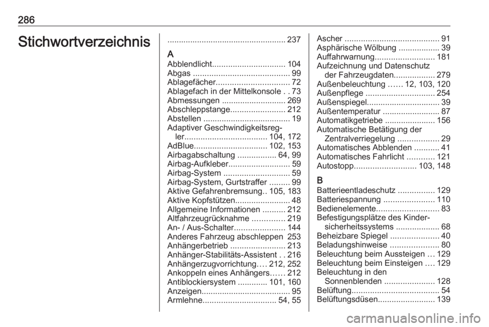 OPEL GRANDLAND X 2018.5  Betriebsanleitung (in German) 286Stichwortverzeichnis.................................................... 237
A Abblendlicht ................................ 104
Abgas  .......................................... 99
Ablagefächer .