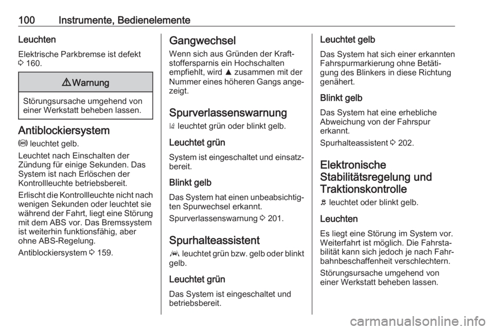 OPEL GRANDLAND X 2018.75  Betriebsanleitung (in German) 100Instrumente, BedienelementeLeuchtenElektrische Parkbremse ist defekt
3  160.9 Warnung
Störungsursache umgehend von
einer Werkstatt beheben lassen.
Antiblockiersystem
u  leuchtet gelb.
Leuchtet nac
