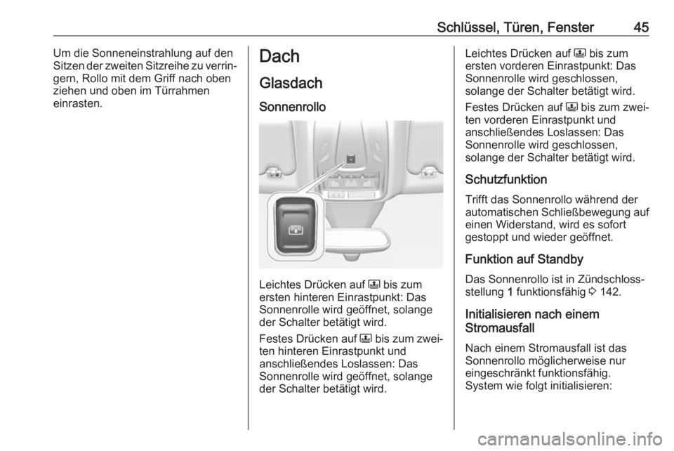 OPEL GRANDLAND X 2018.75  Betriebsanleitung (in German) Schlüssel, Türen, Fenster45Um die Sonneneinstrahlung auf den
Sitzen der zweiten Sitzreihe zu verrin‐
gern, Rollo mit dem Griff nach oben
ziehen und oben im Türrahmen
einrasten.Dach
Glasdach Sonne