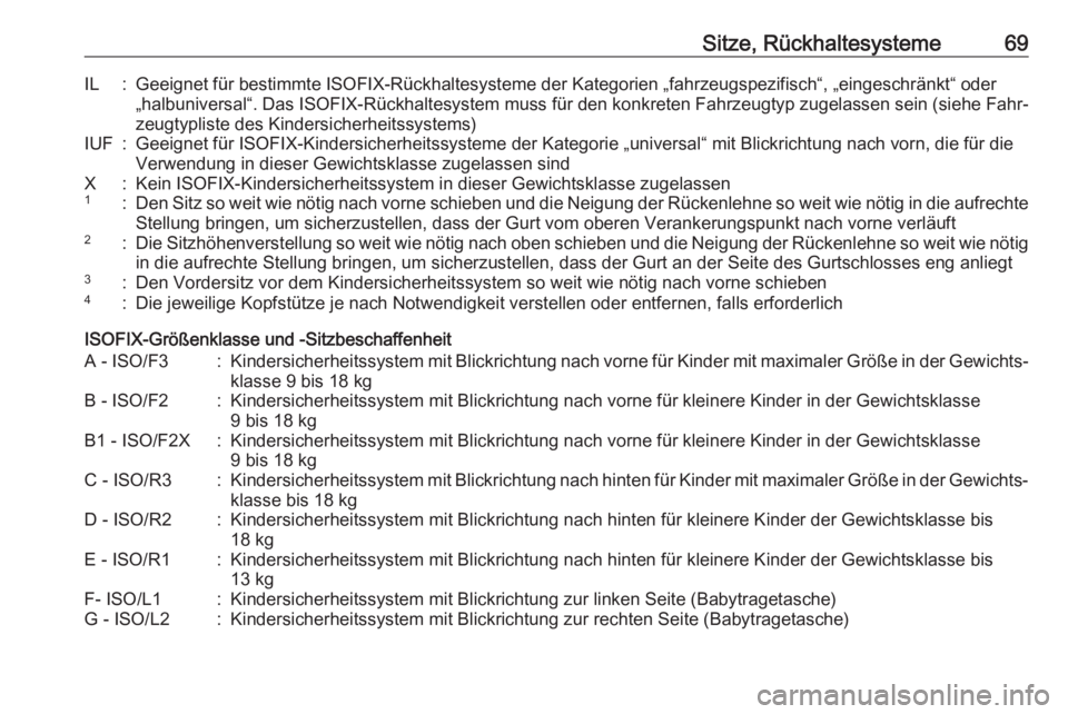 OPEL GRANDLAND X 2018.75  Betriebsanleitung (in German) Sitze, Rückhaltesysteme69IL:Geeignet für bestimmte ISOFIX-Rückhaltesysteme der Kategorien „fahrzeugspezifisch“, „eingeschränkt“ oder
„halbuniversal“. Das ISOFIX-Rückhaltesystem muss f
