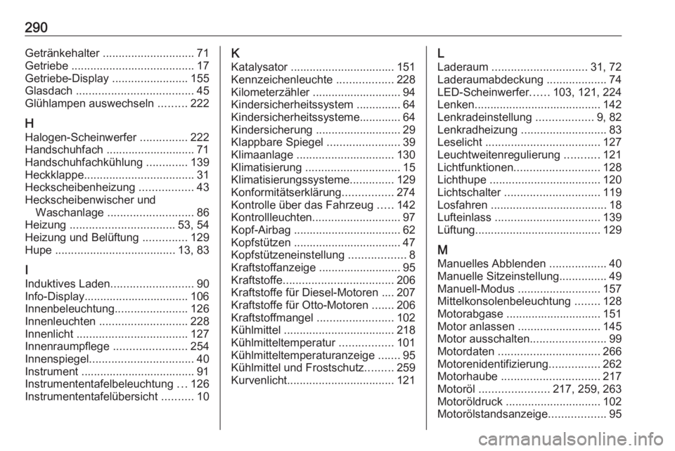 OPEL GRANDLAND X 2019  Betriebsanleitung (in German) 290Getränkehalter ............................. 71
Getriebe  ....................................... 17
Getriebe-Display  ........................155
Glasdach  ..................................... 4
