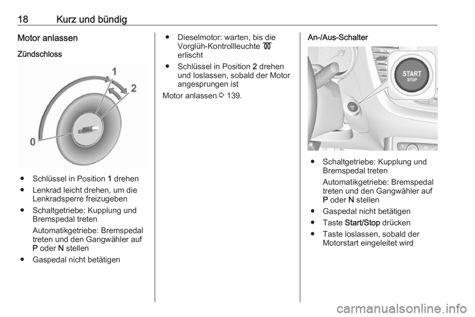 OPEL GRANDLAND X 2019.75  Betriebsanleitung (in German) 18Kurz und bündigMotor anlassen
Zündschloss
● Schlüssel in Position  1 drehen
● Lenkrad leicht drehen, um die Lenkradsperre freizugeben
● Schaltgetriebe: Kupplung und Bremspedal treten
Automa