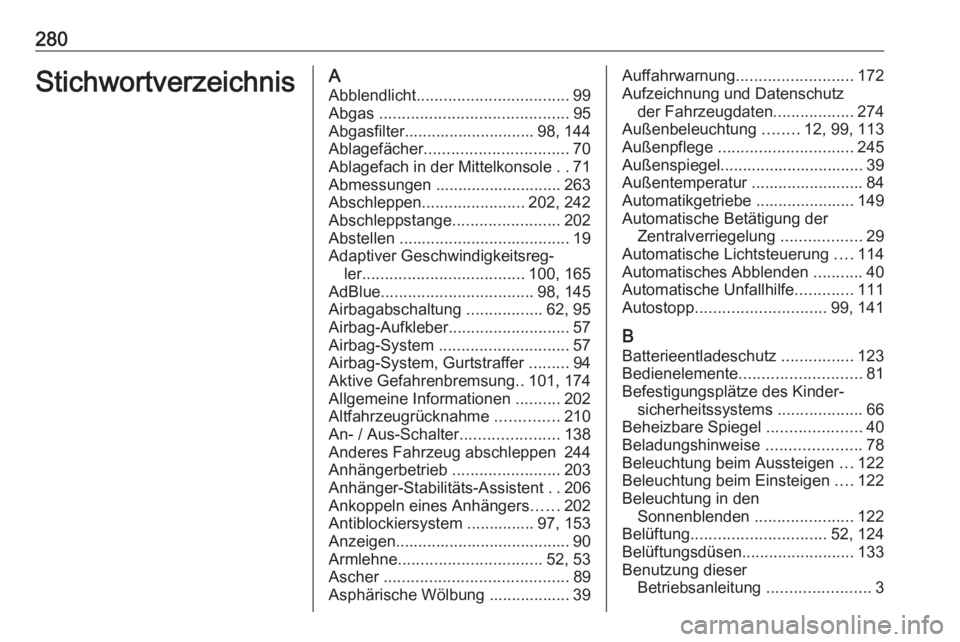 OPEL GRANDLAND X 2019.75  Betriebsanleitung (in German) 280StichwortverzeichnisAAbblendlicht .................................. 99
Abgas  .......................................... 95
Abgasfilter............................. 98, 144
Ablagefächer .........