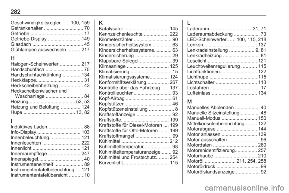 OPEL GRANDLAND X 2019.75  Betriebsanleitung (in German) 282Geschwindigkeitsregler .....100, 159
Getränkehalter  ............................. 70
Getriebe  ....................................... 17
Getriebe-Display  ........................149
Glasdach  .