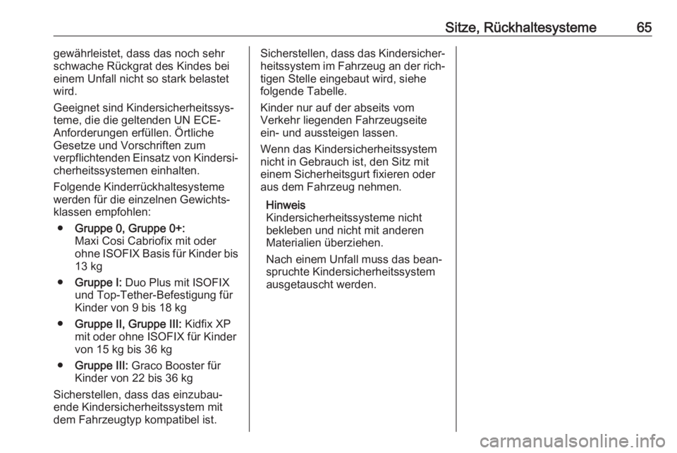 OPEL GRANDLAND X 2019.75  Betriebsanleitung (in German) Sitze, Rückhaltesysteme65gewährleistet, dass das noch sehr
schwache Rückgrat des Kindes bei
einem Unfall nicht so stark belastet
wird.
Geeignet sind Kindersicherheitssys‐ teme, die die geltenden 