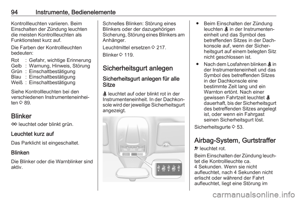 OPEL GRANDLAND X 2019.75  Betriebsanleitung (in German) 94Instrumente, BedienelementeKontrollleuchten variieren. Beim
Einschalten der Zündung leuchten
die meisten Kontrollleuchten als
Funktionstest kurz auf.
Die Farben der Kontrollleuchten
bedeuten:Rot:Ge