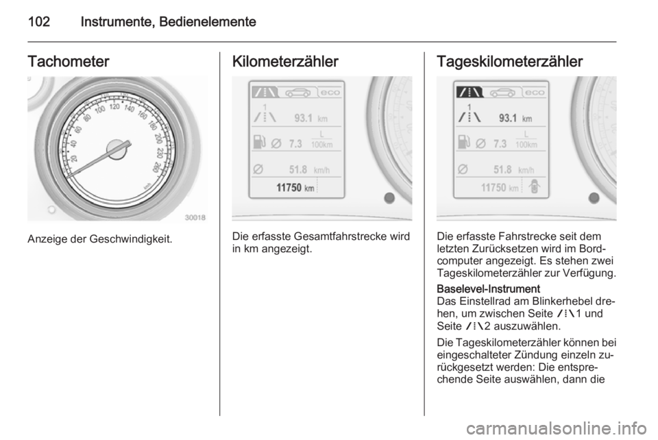 OPEL INSIGNIA 2014 Betriebsanleitung (in German) 102Instrumente, BedienelementeTachometer
Anzeige der Geschwindigkeit.
Kilometerzähler
Die erfasste Gesamtfahrstrecke wird
in km angezeigt.
Tageskilometerzähler
Die erfasste Fahrstrecke seit dem
letz OPEL INSIGNIA 2014 Betriebsanleitung (in German) 102Instrumente, BedienelementeTachometer
Anzeige der Geschwindigkeit.
Kilometerzähler
Die erfasste Gesamtfahrstrecke wird
in km angezeigt.
Tageskilometerzähler
Die erfasste Fahrstrecke seit dem
letz