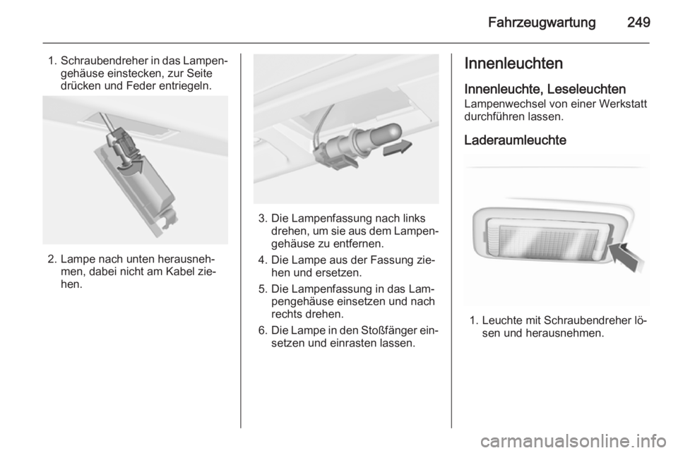 OPEL INSIGNIA 2014 Betriebsanleitung (in German) Fahrzeugwartung249
1.Schraubendreher in das Lampen‐
gehäuse einstecken, zur Seite
drücken und Feder entriegeln.
2. Lampe nach unten herausneh‐ men, dabei nicht am Kabel zie‐
hen.
3. Die Lampen OPEL INSIGNIA 2014 Betriebsanleitung (in German) Fahrzeugwartung249
1.Schraubendreher in das Lampen‐
gehäuse einstecken, zur Seite
drücken und Feder entriegeln.
2. Lampe nach unten herausneh‐ men, dabei nicht am Kabel zie‐
hen.
3. Die Lampen