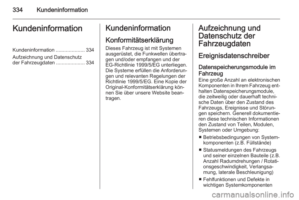 OPEL INSIGNIA 2014 Betriebsanleitung (in German) 334KundeninformationKundeninformationKundeninformation....................334
Aufzeichnung und Datenschutz
der Fahrzeugdaten ....................334Kundeninformation
Konformitätserklärung
Dieses Fah OPEL INSIGNIA 2014 Betriebsanleitung (in German) 334KundeninformationKundeninformationKundeninformation....................334
Aufzeichnung und Datenschutz
der Fahrzeugdaten ....................334Kundeninformation
Konformitätserklärung
Dieses Fah
