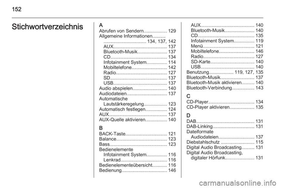 OPEL INSIGNIA 2014.5  Infotainment-Handbuch (in German) 152StichwortverzeichnisAAbrufen von Sendern .................129
Allgemeine Informationen.......... ................................ 134, 137, 142
AUX ......................................... 137
Blu