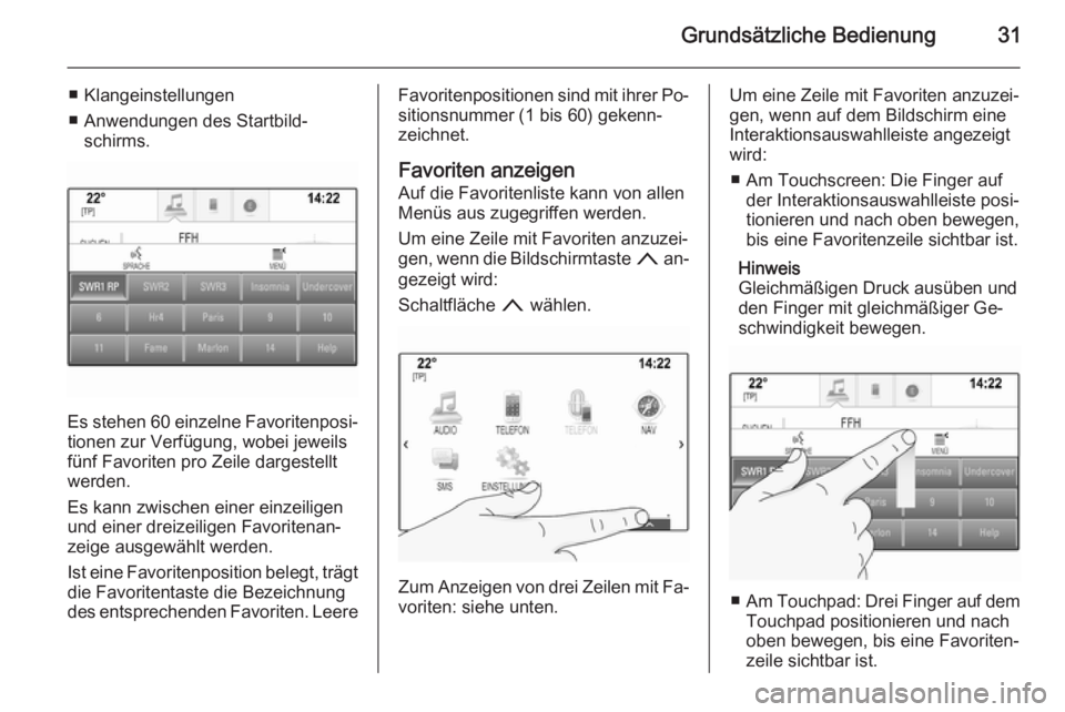 OPEL INSIGNIA 2014.5  Infotainment-Handbuch (in German) Grundsätzliche Bedienung31
■ Klangeinstellungen
■ Anwendungen des Startbild‐ schirms.
Es stehen 60 einzelne Favoritenposi‐
tionen zur Verfügung, wobei jeweils
fünf Favoriten pro Zeile darge