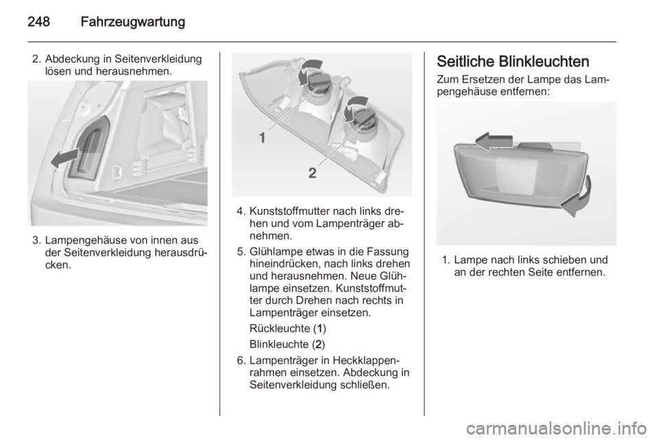 OPEL INSIGNIA 2014.5  Betriebsanleitung (in German) 248Fahrzeugwartung
2. Abdeckung in Seitenverkleidunglösen und herausnehmen.
3. Lampengehäuse von innen ausder Seitenverkleidung herausdrü‐
cken.
4. Kunststoffmutter nach links dre‐ hen und vom 