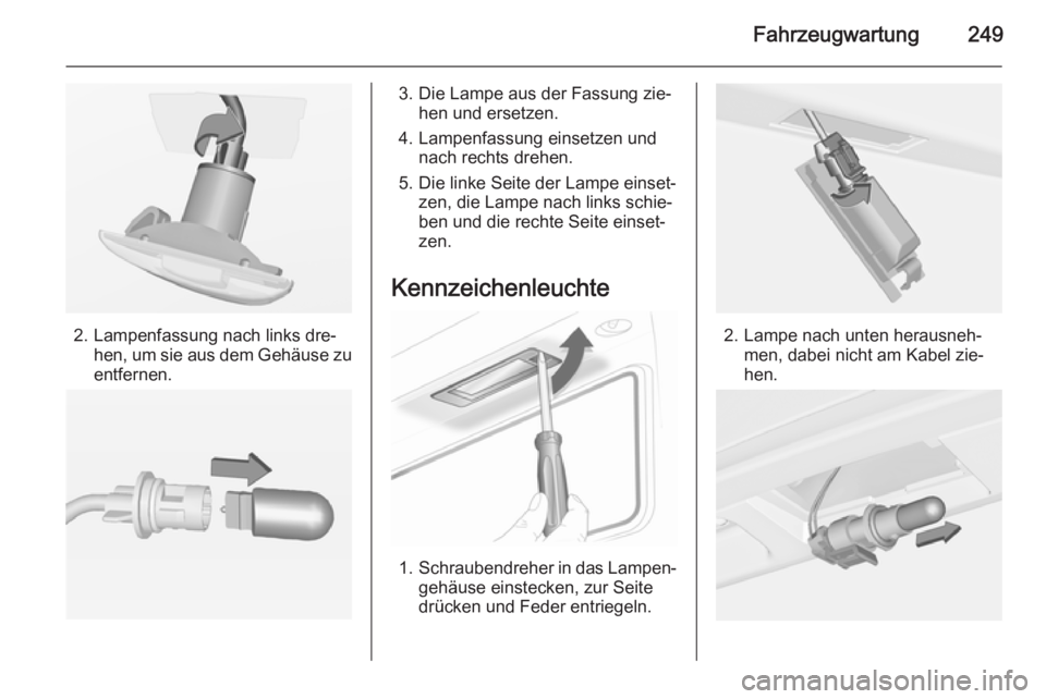 OPEL INSIGNIA 2014.5  Betriebsanleitung (in German) Fahrzeugwartung249
2. Lampenfassung nach links dre‐hen, um sie aus dem Gehäuse zu
entfernen.
3. Die Lampe aus der Fassung zie‐ hen und ersetzen.
4. Lampenfassung einsetzen und nach rechts drehen.