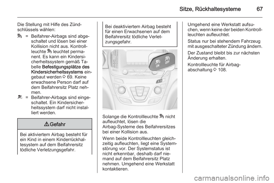 OPEL INSIGNIA 2014.5  Betriebsanleitung (in German) Sitze, Rückhaltesysteme67
Die Stellung mit Hilfe des Zünd‐
schlüssels wählen:*=Beifahrer-Airbags sind abge‐
schaltet und lösen bei einer
Kollision nicht aus. Kontroll‐
leuchte  * leuchtet p