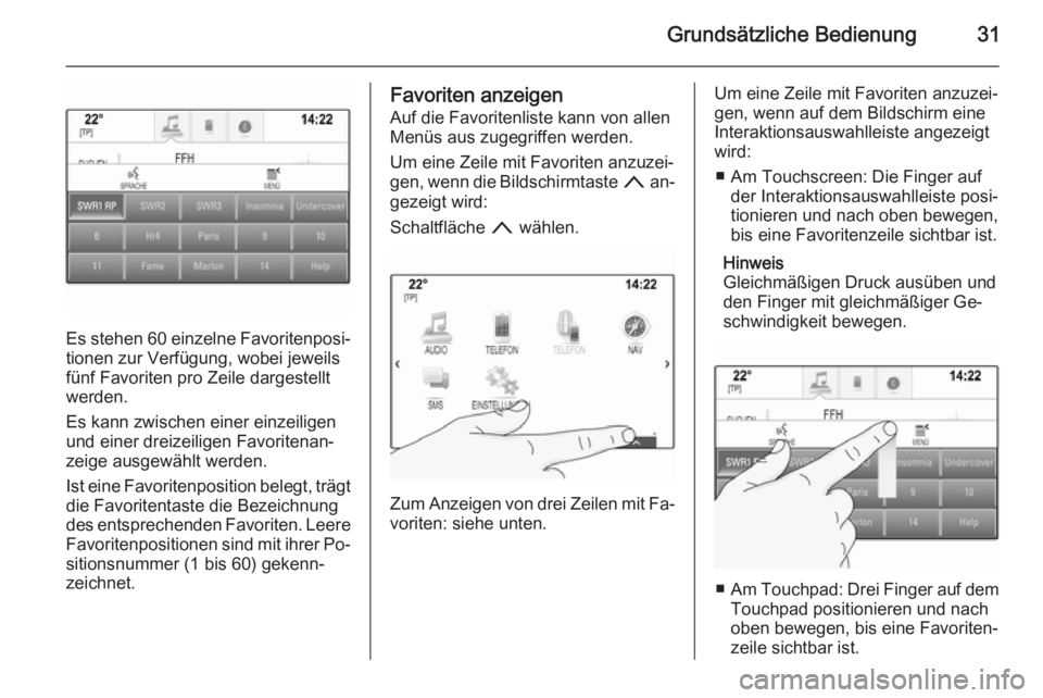 OPEL INSIGNIA 2015  Infotainment-Handbuch (in German) Grundsätzliche Bedienung31
Es stehen 60 einzelne Favoritenposi‐
tionen zur Verfügung, wobei jeweils
fünf Favoriten pro Zeile dargestellt werden.
Es kann zwischen einer einzeiligen
und einer dreiz