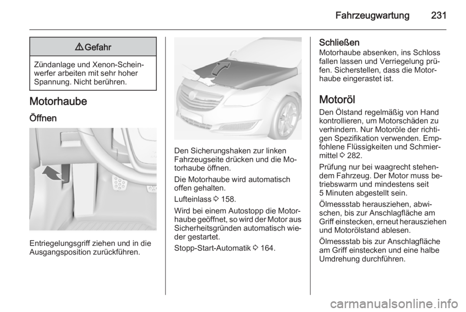 OPEL INSIGNIA 2015 Betriebsanleitung (in German) Fahrzeugwartung2319Gefahr
Zündanlage und Xenon-Schein‐
werfer arbeiten mit sehr hoher
Spannung. Nicht berühren.
Motorhaube
Öffnen
Entriegelungsgriff ziehen und in die
Ausgangsposition zurückfüh OPEL INSIGNIA 2015 Betriebsanleitung (in German) Fahrzeugwartung2319Gefahr
Zündanlage und Xenon-Schein‐
werfer arbeiten mit sehr hoher
Spannung. Nicht berühren.
Motorhaube
Öffnen
Entriegelungsgriff ziehen und in die
Ausgangsposition zurückfüh