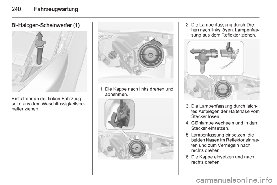 OPEL INSIGNIA 2015  Betriebsanleitung (in German) 240Fahrzeugwartung
Bi-Halogen-Scheinwerfer (1)
Einfüllrohr an der linken Fahrzeug‐
seite aus dem Waschflüssigkeitsbe‐
hälter ziehen.
1. Die Kappe nach links drehen und abnehmen.
2. Die Lampenfa