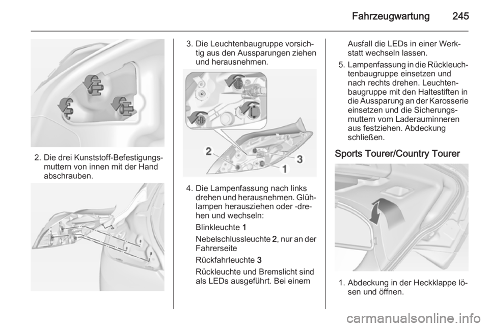 OPEL INSIGNIA 2015  Betriebsanleitung (in German) Fahrzeugwartung245
2. Die drei Kunststoff-Befestigungs‐muttern von innen mit der Hand
abschrauben.
3. Die Leuchtenbaugruppe vorsich‐ tig aus den Aussparungen ziehen
und herausnehmen.
4. Die Lampen
