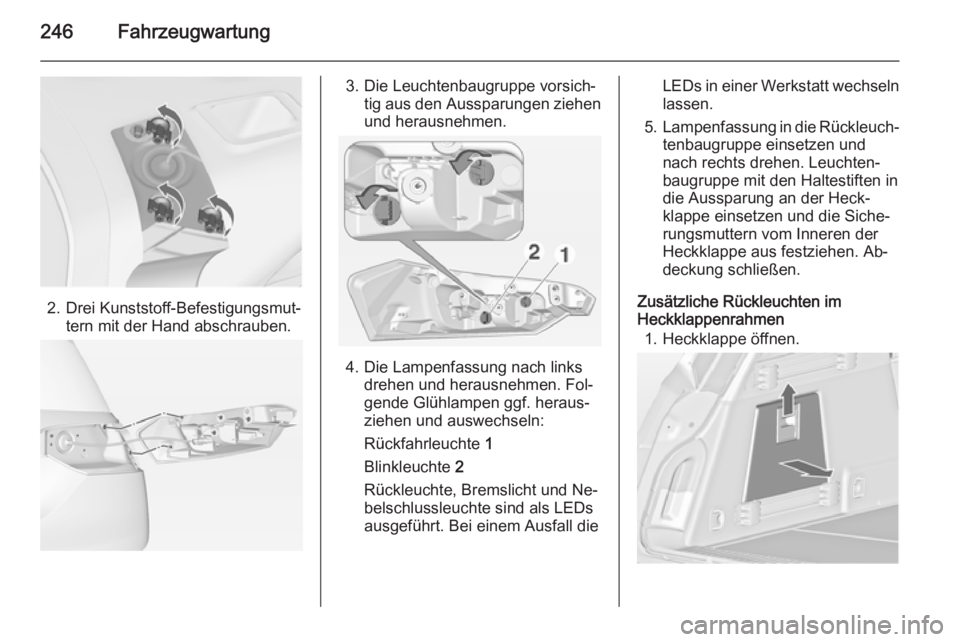 OPEL INSIGNIA 2015  Betriebsanleitung (in German) 246Fahrzeugwartung
2. Drei Kunststoff-Befestigungsmut‐tern mit der Hand abschrauben.
3. Die Leuchtenbaugruppe vorsich‐tig aus den Aussparungen ziehen
und herausnehmen.
4. Die Lampenfassung nach li