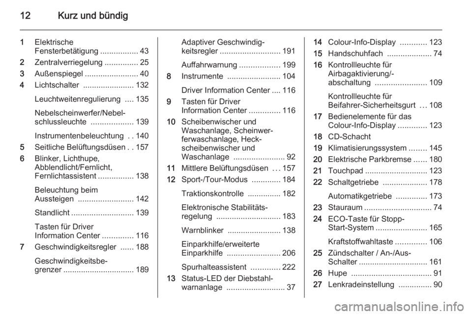 OPEL INSIGNIA 2015.5  Betriebsanleitung (in German) 12Kurz und bündig
1Elektrische
Fensterbetätigung .................43
2 Zentralverriegelung ...............25
3 Außenspiegel ........................ 40
4 Lichtschalter  ....................... 132
