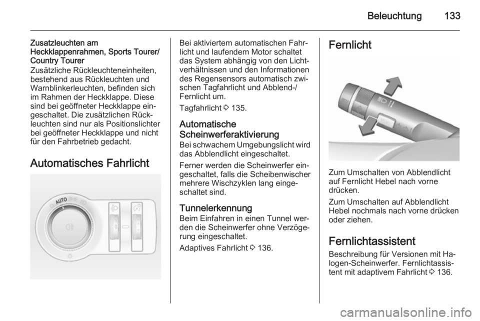 OPEL INSIGNIA 2015.5  Betriebsanleitung (in German) Beleuchtung133
Zusatzleuchten am
Heckklappenrahmen, Sports Tourer/
Country Tourer
Zusätzliche Rückleuchteneinheiten, bestehend aus Rückleuchten und
Warnblinkerleuchten, befinden sich
im Rahmen der 