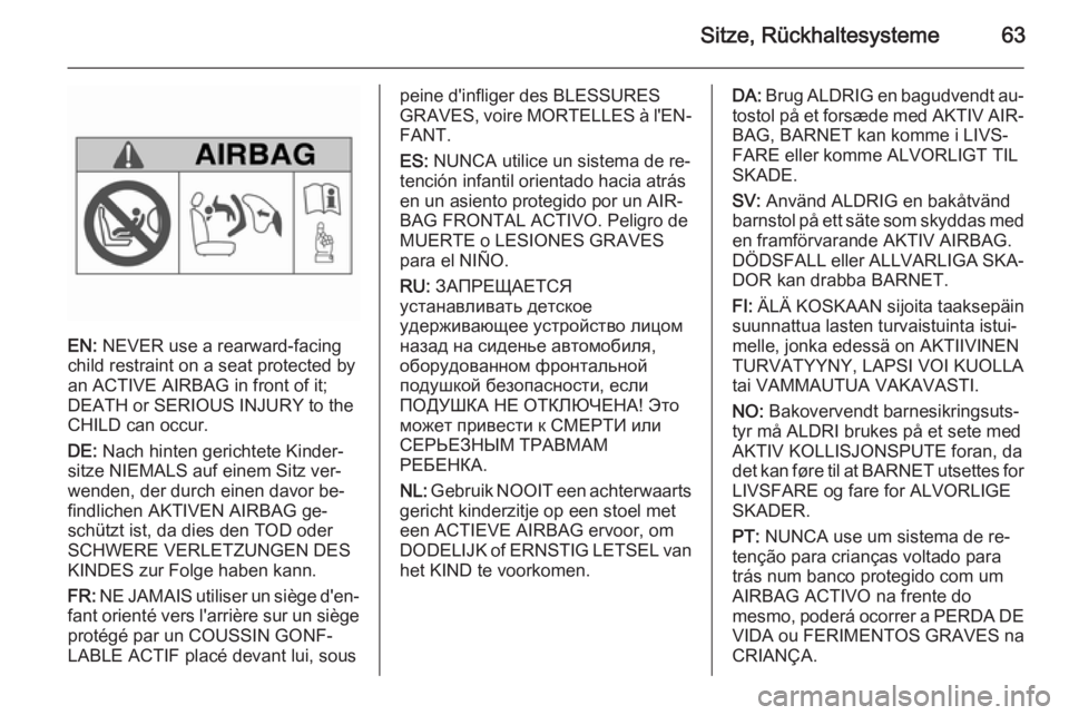 OPEL INSIGNIA 2015.5  Betriebsanleitung (in German) Sitze, Rückhaltesysteme63
EN: NEVER use a rearward-facing
child restraint on a seat protected by
an ACTIVE AIRBAG in front of it;
DEATH or SERIOUS INJURY to the
CHILD can occur.
DE:  Nach hinten geri