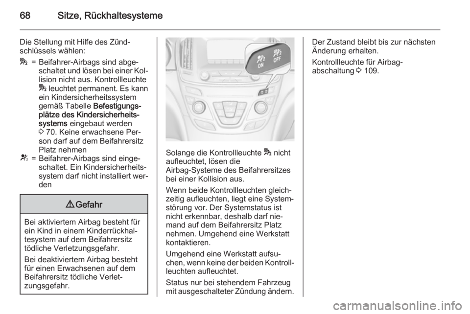 OPEL INSIGNIA 2015.5 Betriebsanleitung (in German) 68Sitze, Rückhaltesysteme
Die Stellung mit Hilfe des Zünd‐
schlüssels wählen:*=Beifahrer-Airbags sind abge‐
schaltet und lösen bei einer Kol‐ lision nicht aus. Kontrollleuchte
* leuchtet p OPEL INSIGNIA 2015.5 Betriebsanleitung (in German) 68Sitze, Rückhaltesysteme
Die Stellung mit Hilfe des Zünd‐
schlüssels wählen:*=Beifahrer-Airbags sind abge‐
schaltet und lösen bei einer Kol‐ lision nicht aus. Kontrollleuchte
* leuchtet p