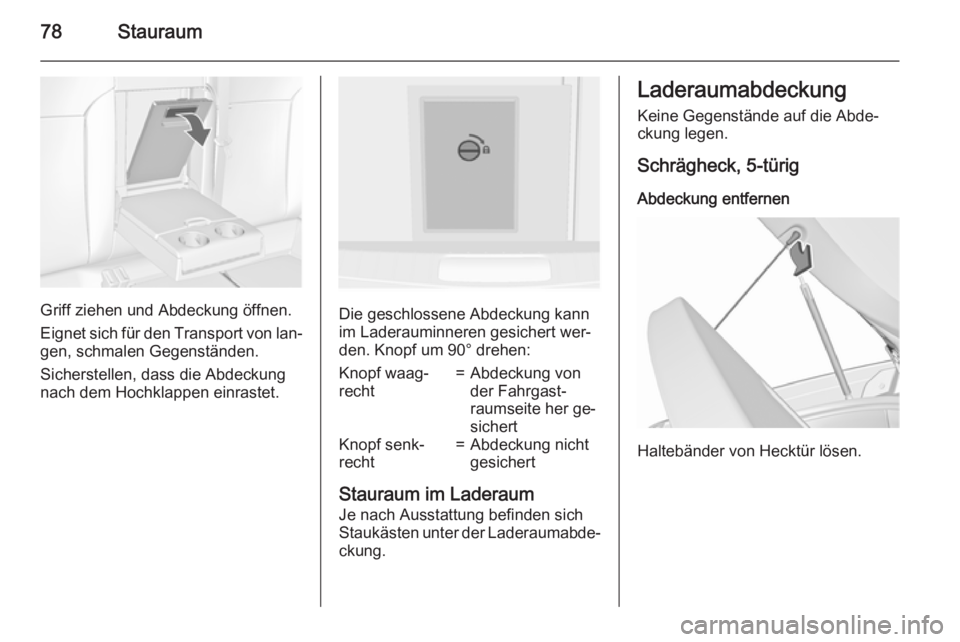 OPEL INSIGNIA 2015.5  Betriebsanleitung (in German) 78Stauraum
Griff ziehen und Abdeckung öffnen.
Eignet sich für den Transport von lan‐
gen, schmalen Gegenständen.
Sicherstellen, dass die Abdeckung
nach dem Hochklappen einrastet.Die geschlossene 