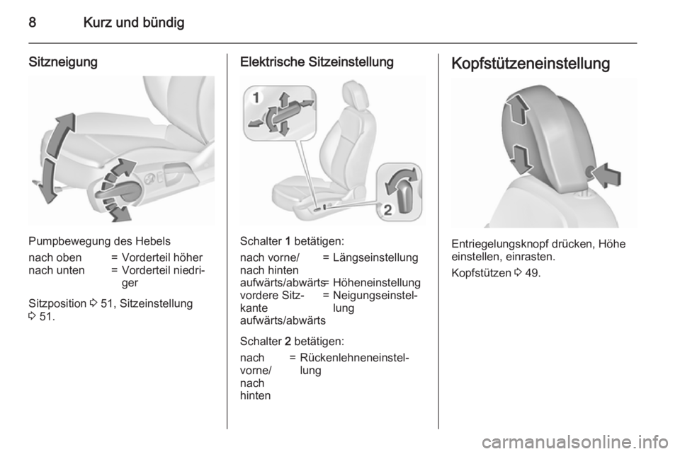 OPEL INSIGNIA 2015.5  Betriebsanleitung (in German) 8Kurz und bündig
Sitzneigung
Pumpbewegung des Hebels
nach oben=Vorderteil höhernach unten=Vorderteil niedri‐
ger
Sitzposition  3 51, Sitzeinstellung
3  51.
Elektrische Sitzeinstellung
Schalter  1 