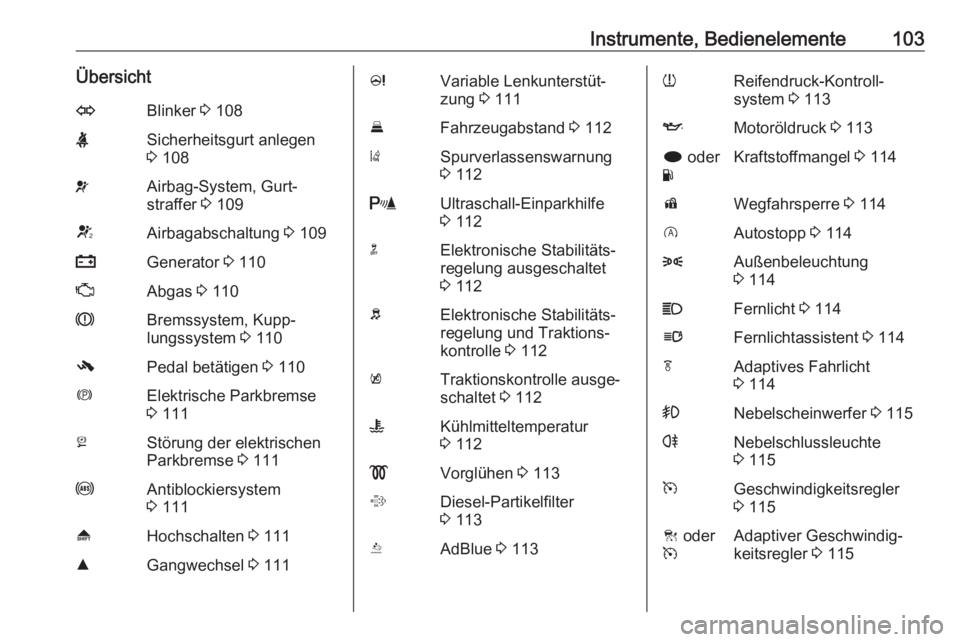 OPEL INSIGNIA 2016  Betriebsanleitung (in German) Instrumente, Bedienelemente103ÜbersichtOBlinker 3 108XSicherheitsgurt anlegen
3  108vAirbag-System, Gurt‐
straffer  3 109VAirbagabschaltung  3 109pGenerator  3 110ZAbgas  3 110RBremssystem, Kupp‐