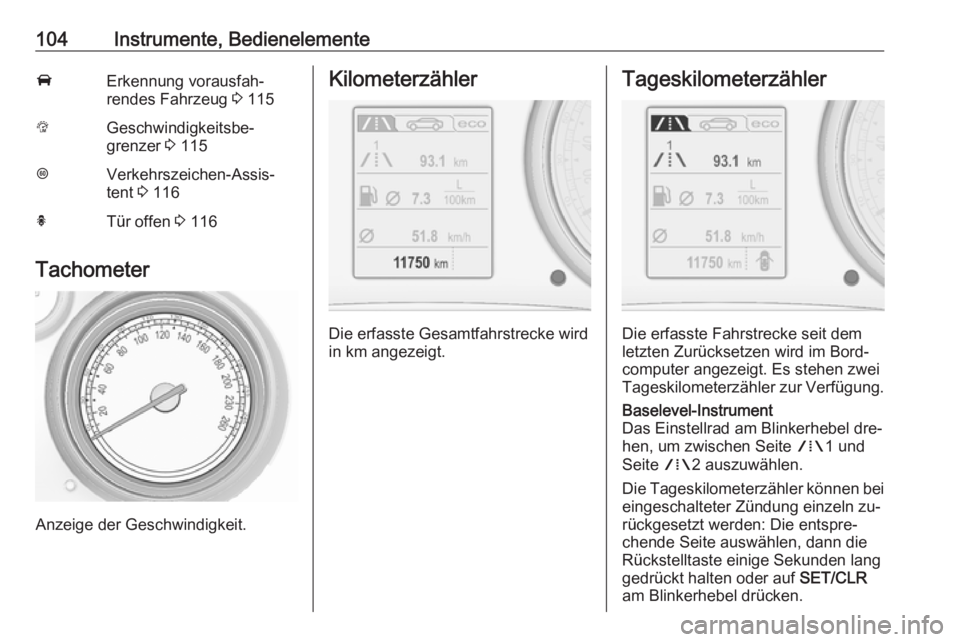 OPEL INSIGNIA 2016 Betriebsanleitung (in German) 104Instrumente, BedienelementeAErkennung vorausfah‐
rendes Fahrzeug 3 115LGeschwindigkeitsbe‐
grenzer 3 115LVerkehrszeichen-Assis‐
tent 3 116hTür offen 3 116
Tachometer
Anzeige der Geschwin OPEL INSIGNIA 2016 Betriebsanleitung (in German) 104Instrumente, BedienelementeAErkennung vorausfah‐
rendes Fahrzeug 3 115LGeschwindigkeitsbe‐
grenzer 3 115LVerkehrszeichen-Assis‐
tent 3 116hTür offen 3 116
Tachometer
Anzeige der Geschwin