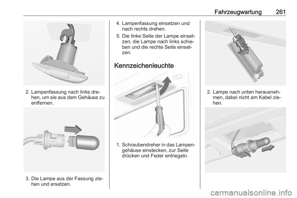 OPEL INSIGNIA 2016  Betriebsanleitung (in German) Fahrzeugwartung261
2. Lampenfassung nach links dre‐hen, um sie aus dem Gehäuse zu
entfernen.
3. Die Lampe aus der Fassung zie‐ hen und ersetzen.
4. Lampenfassung einsetzen undnach rechts drehen.
