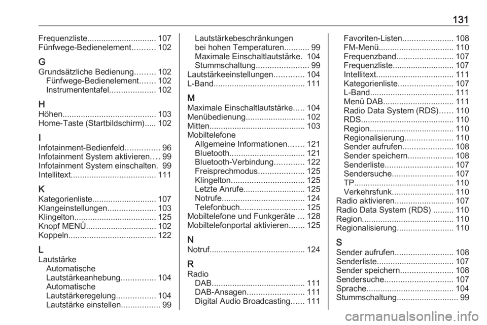 OPEL INSIGNIA 2016.5  Infotainment-Handbuch (in German) 131Frequenzliste.............................. 107
Fünfwege-Bedienelement ..........102
G
Grundsätzliche Bedienung .........102
Fünfwege-Bedienelement .......102
Instrumententafel .................